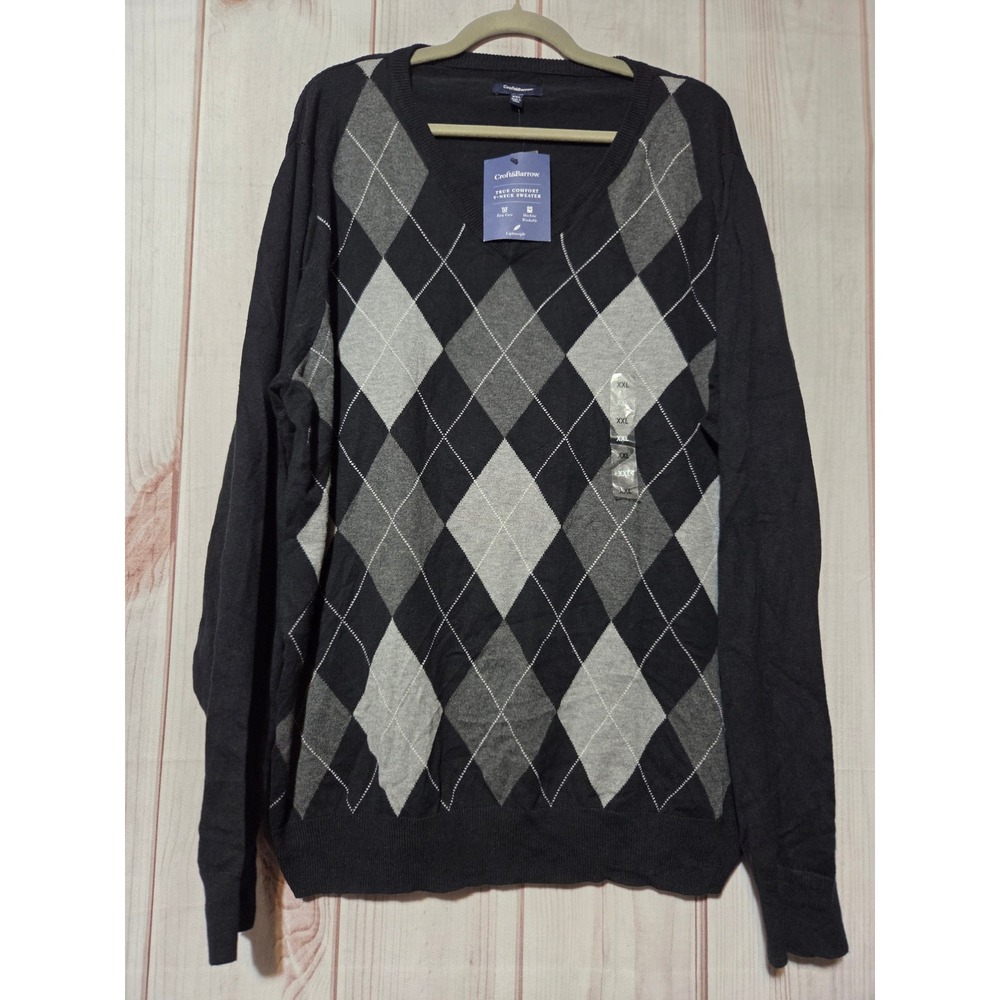 Croft & Barrow Mens XXL Argyle V Neck Sweater Lightweight Comfort Dark‎ Academia